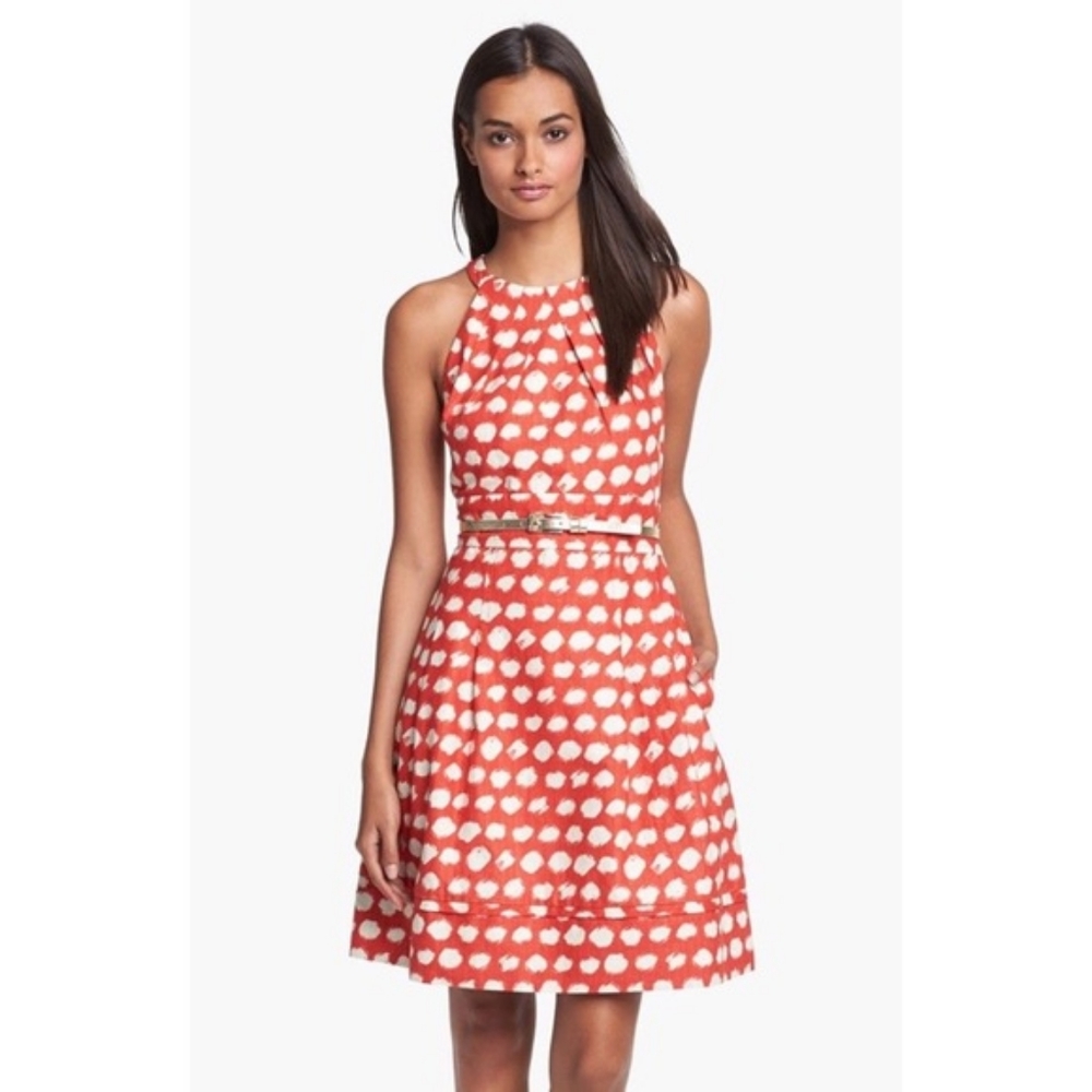 Eliza J Red Orange and White  Print Dress With Gold Belt Size 6